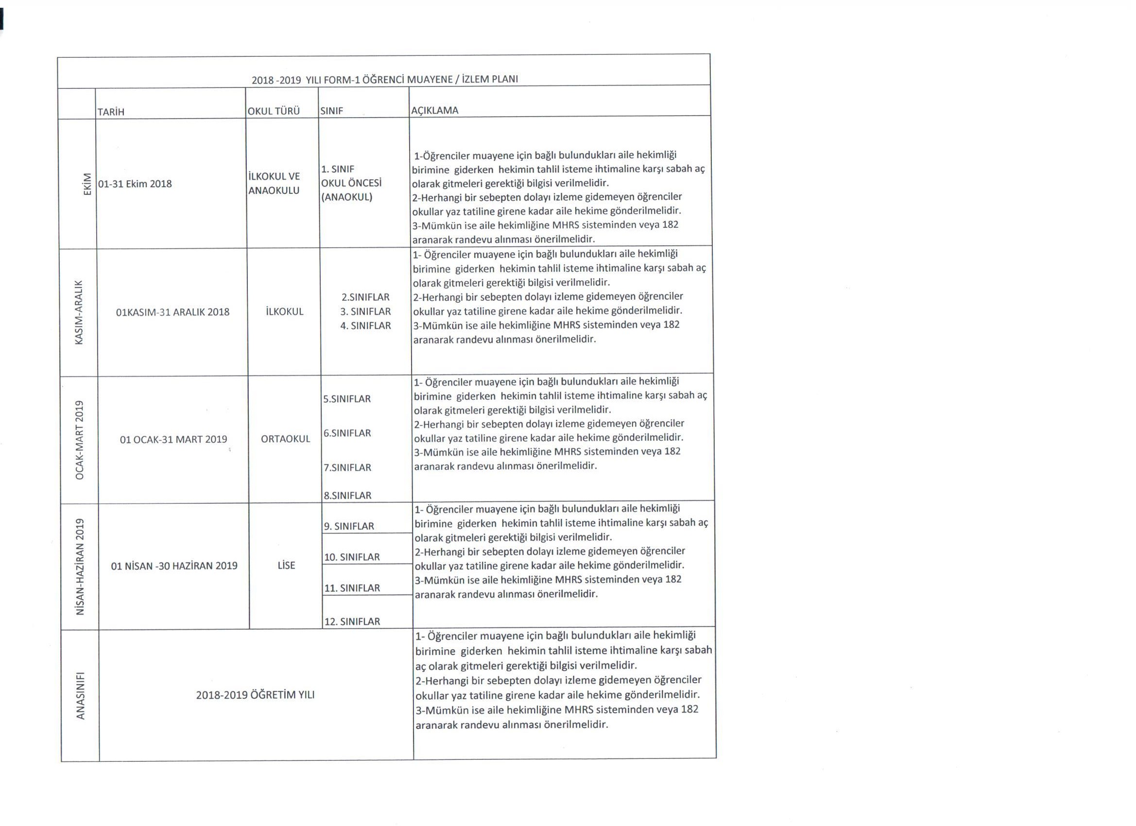 2019-2020 Öğrenci Muayene/İzlem Planlaması